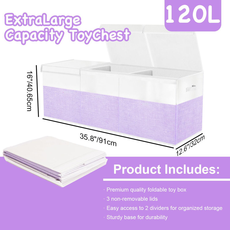 Boîte de rangement pour jouets XL avec couvercle pliable mauve et blanc