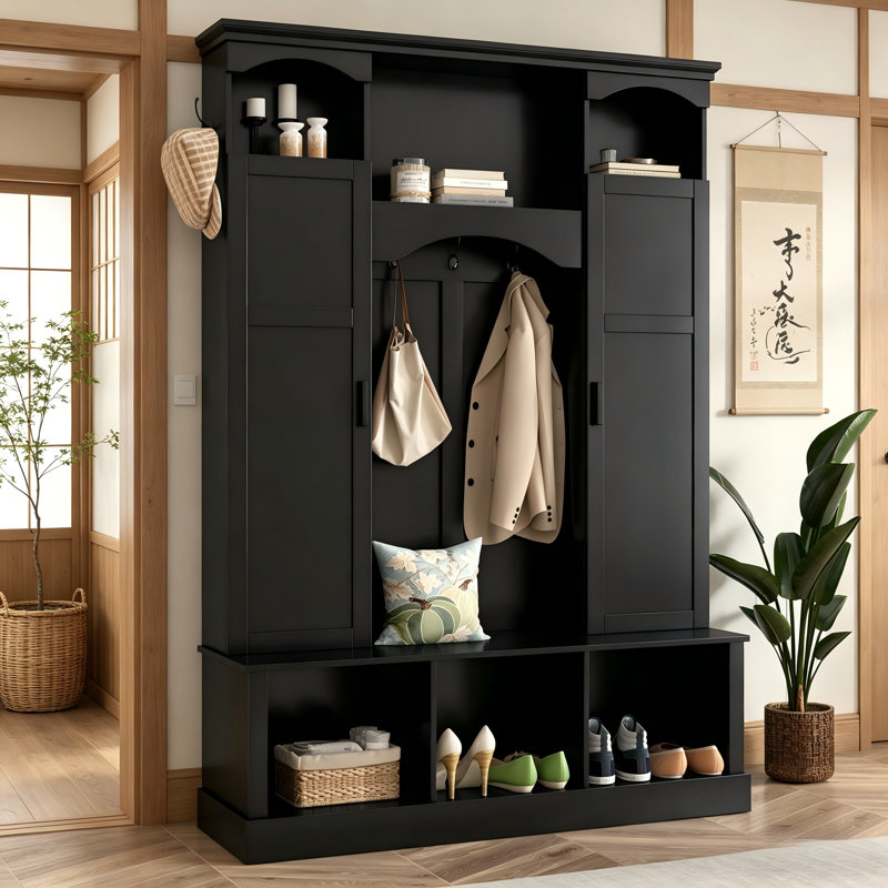 All-In-One Black Entryway Storage Unit: Arched Storage Bench With 7 Hooks And Adjustable Shelving In Side Cabinets, Black
