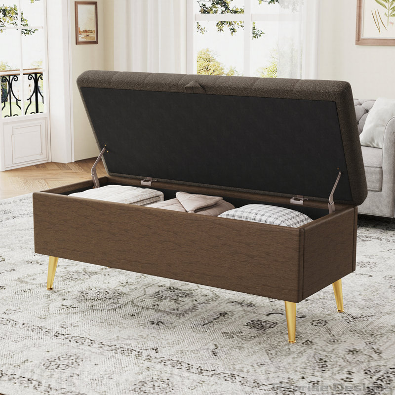 Modern Tufted Storage Ottoman Bench with Bouclé Fabric and Gold Metal Legs, Coffee