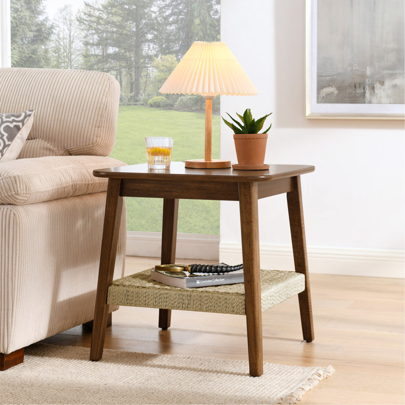 Table d'appoint de style Mid-Century de 23 po avec tablette tissée, table d'appoint Boho avec rangement, tables de chevet, petite table d'appoint pour canapé de salon, bureau de chambre à coucher, patio