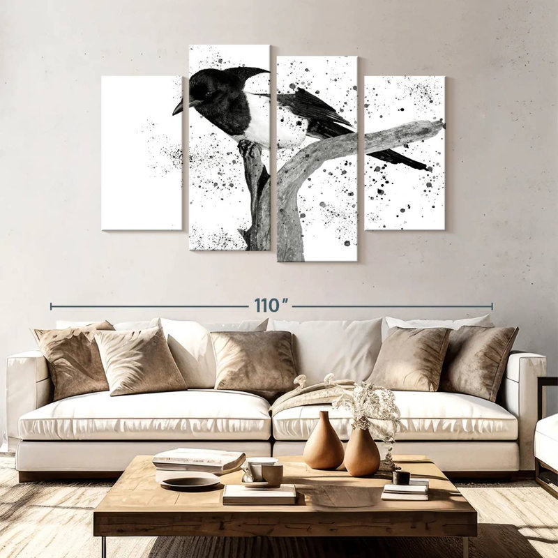 Oiseau noir et blanc Brampt, H 54 po x l 84 po