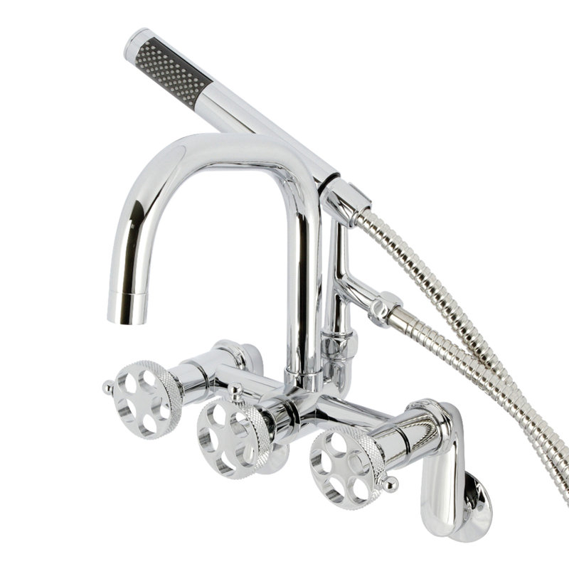 Kingston Brass Webb Three-Handle 2-Hole Adjustable Wall Mount Clawfoot Tub Faucet with Knurled Handle and Hand Shower, Silver