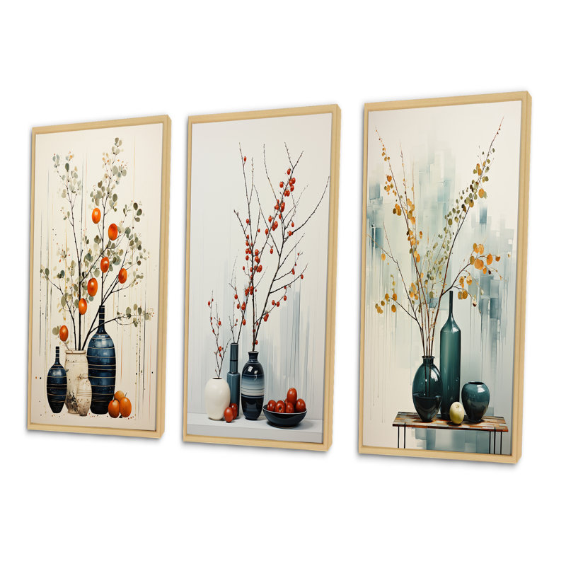 «Orange Minimalist Oasis Pottery», ensemble d'art mural minimaliste de 3, H 32 po x l 48 po, Cadre naturel flottant