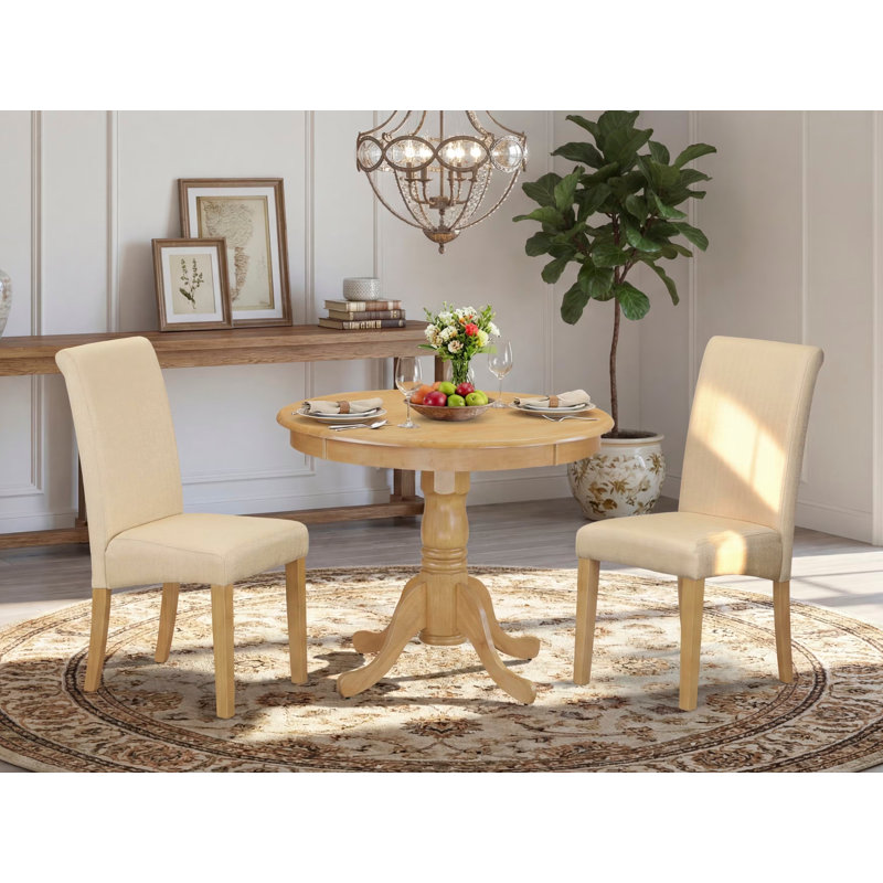 Dining Set Contains a Dinner Table and Linen Fabric Padded Chairs, Beige/Oak, 3 Pieces: Table, 2 Chairs, Mahogany
