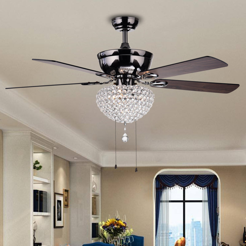 Ventilateur de plafond en cristal à 5 pales de 52 po avec ensemble d'éclairage inclus, Noir, Chaînettes