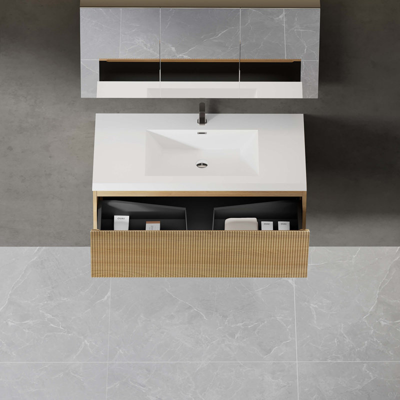 Meuble-lavabo mural 42 po avec tiroir à fermeture en douceur et lavabo à surface solide blanc brillant, Blanc/chêne, Blanc