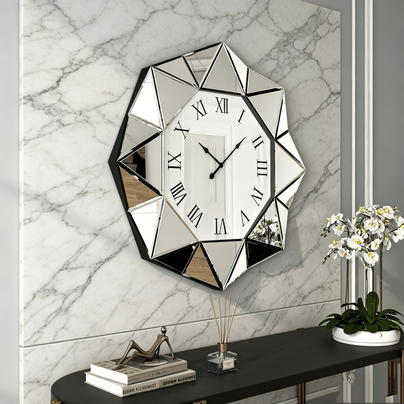 Belsy 55x55cm  Wall Clock Silver Glass Mirrored Accent Clock Polygon