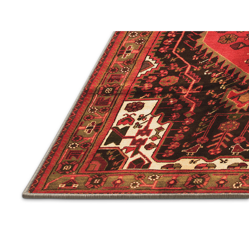 Tapis oriental rouge / rose / vert tissé à la machine 6 pi x 9 pi