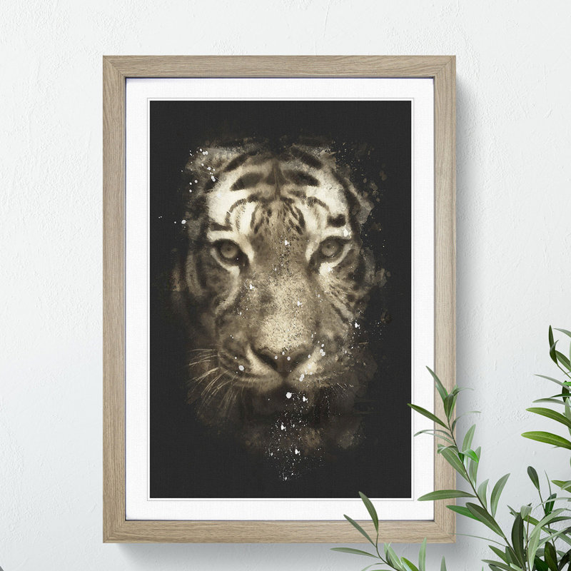 Tiger Vol.5 Paint Splash - Picture Frame Graphic Art, Oak, 90cm H x 65cm W x 2cm D
