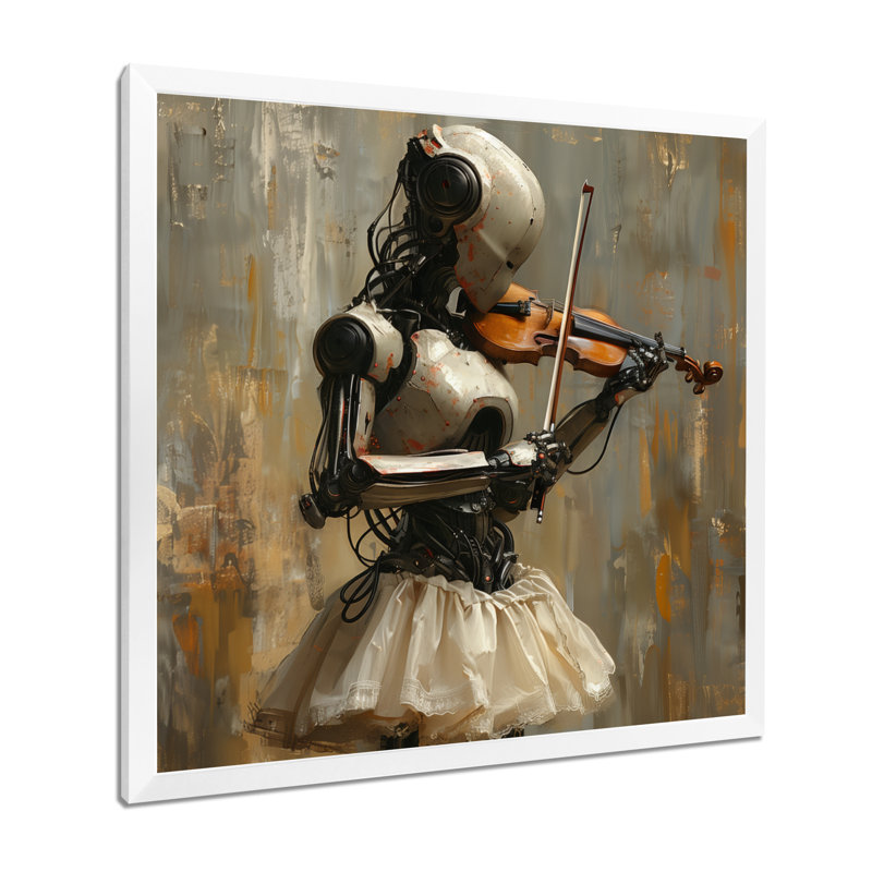 Rétro robot jouant du violon - Robots, art mural, salon, Toile encadrée noire simple, H 36 po x l 36 po x P 1,5 po