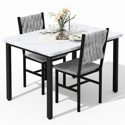 Dining Table Set for 2, 35.43'' Rectangular Marble‑Look Dining Table with 2 Upholstered Fabric Chairs, Metal Frame Kitchen Table Set, Modern Small Spa