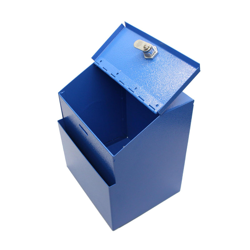 FixtureDisplays® Boîte bleue, don de métal, goutte de clé suggérée, 7 po x 8,4 po x 5,5 po, Caisse express, commentaires, boîte de plomb de vente 11118-BLEU