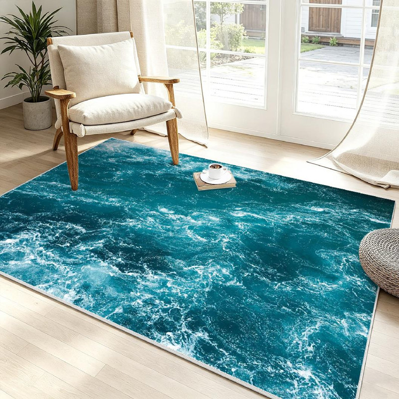 Tapis bleu abstrait lavable à la machine, vagues de la mer Méditerranée, Rectangle 39" x 63"