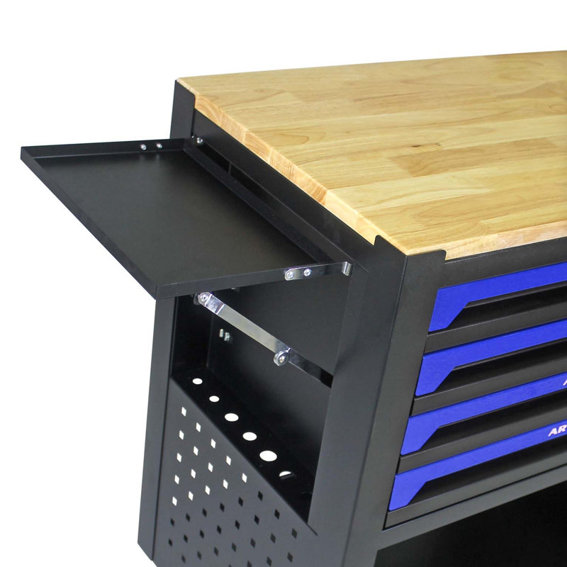 Chariot à outils multifonctionnel à 4 tiroirs avec roulettes et plateau en bois bleu, Bleu