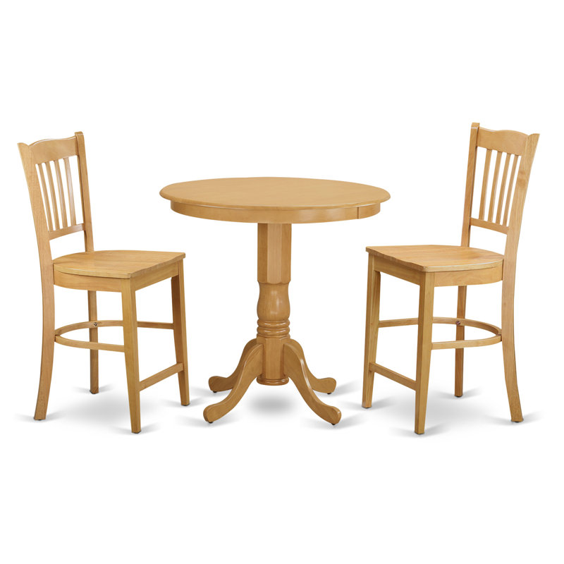 3 Piece Kitchen Counter Height Dining Table Set Contains a Round Wooden Table with Pedestal and 2 Dining Chairs, Oak, Oak