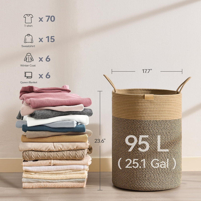 Large Laundry Hamper Basket With Handles, 95L Cotton Rope Woven Storage Bin For Clothes, Blankets, And Toys, Durable And Stylish For Bedroom, Nursery, Or Living Room