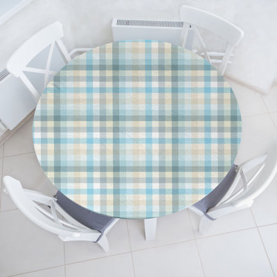 East Urban Home Gingham Fitted Round Tablecloth White Pale Blue Baby Blue