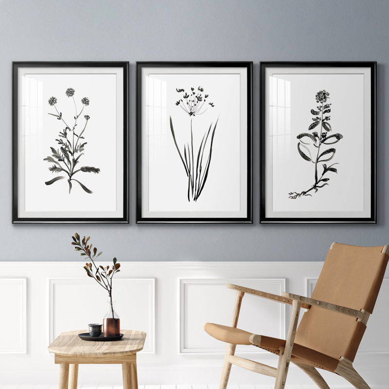 Inky Botanical I - ensemble de 3 reproductions d'art graphique, H 30,5 po x l 127,5 po x P 1,5 po, Cadre noir