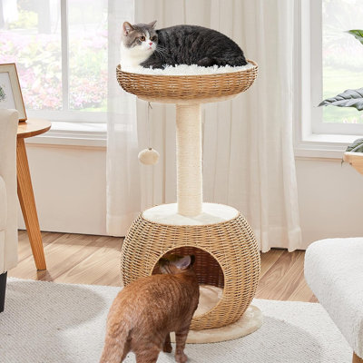 Arbre à chat, tour d'escalade en rotin pour chats d'intérieur de 29,5 po avec poteau à griffer, condo en rotin tissé et perchoir à coussin souple, maisonnette de luxe pour chatons