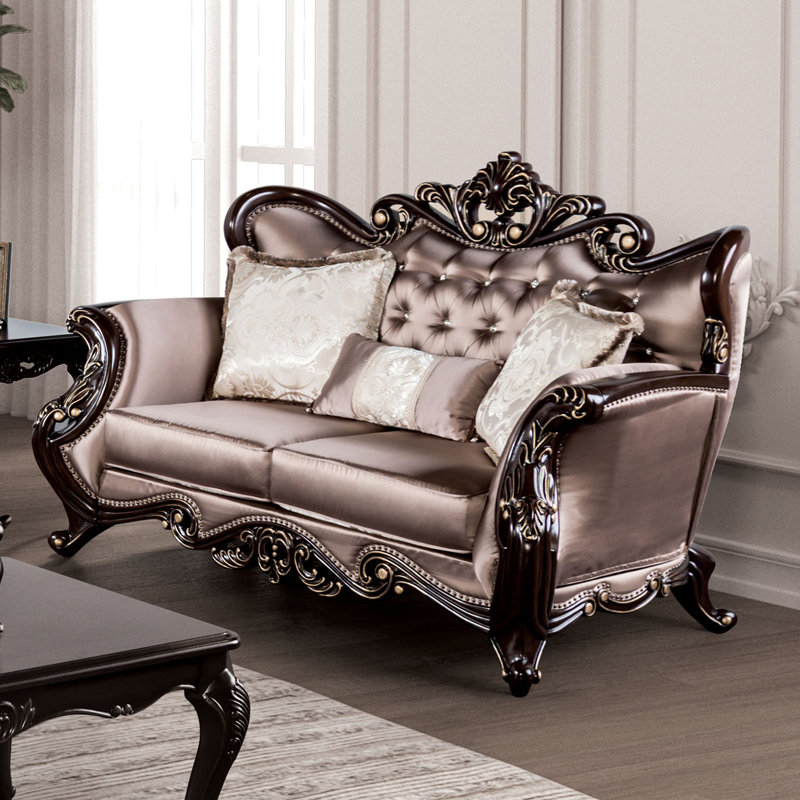 70" W Traditional Loveseat, Dark Cherry/Brown, Dark Brown Wood, Dark Cherry/Brown