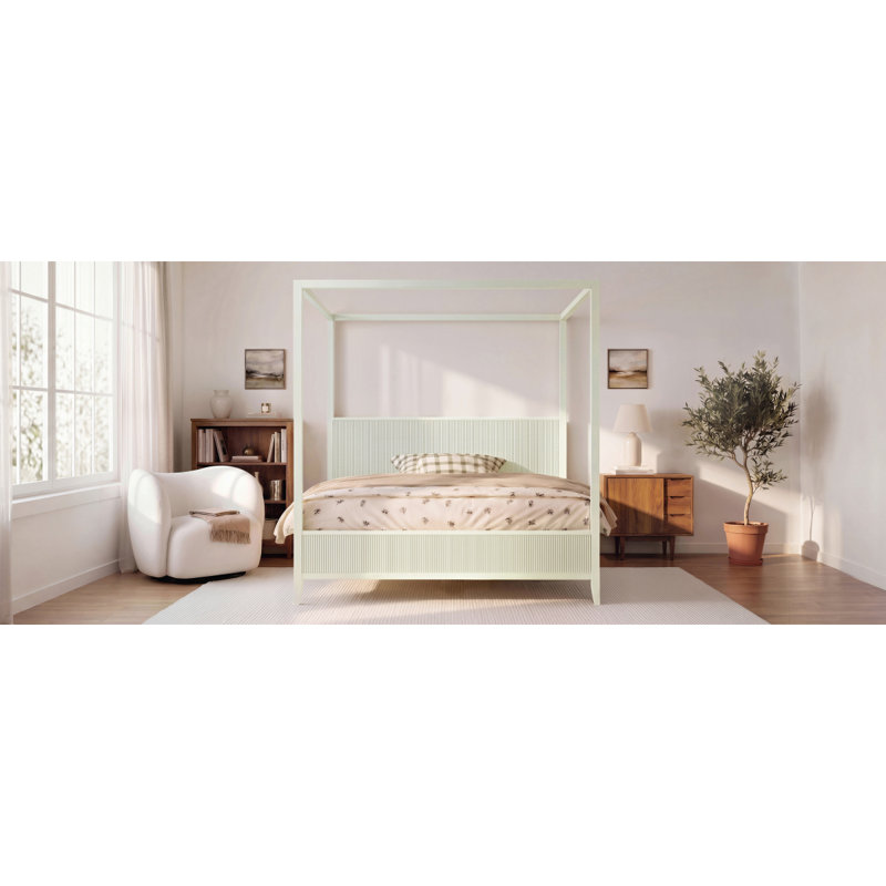 Grand lit plateforme à baldaquin en bois avec lattes de soutien, beige, Queen, Beige