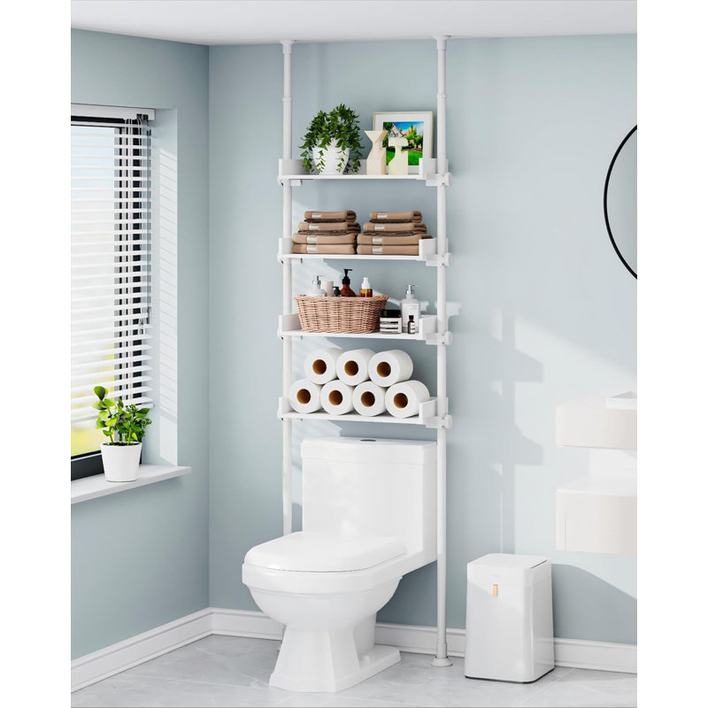 4 Tier Over The Toilet Storage, Adjustable Wood Over Toilet Bathroom Organizer, Freestanding Shelves, Fit Most Showers Over The Toilet Shelf, 92 To 116 Inch Tall