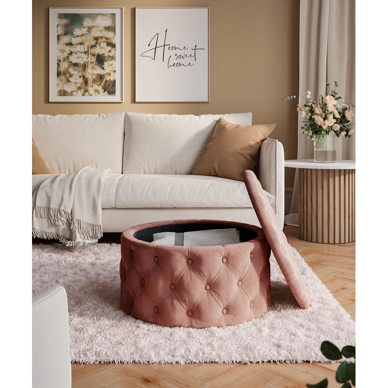 CHESTERFIELD Round Upholstered Pouf Hocker 70 cm, Pink Polyester