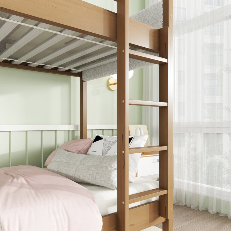 Lit superposé simple tapissier au-dessus - Confort molleton, durabilité en bois d'hévéa, garde-corps, rangement spacieux sous le lit