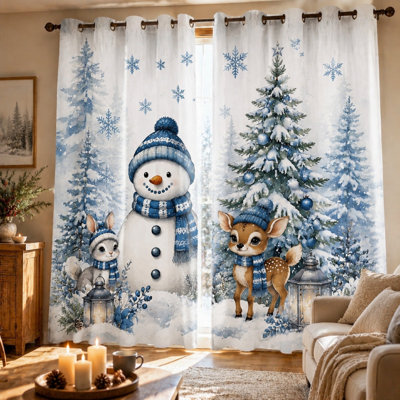 2Pcs Cute Snowman and Deer Christmas curtains, festive winter forest scene printed art ring-top, holiday decorative for living room for Home Dector