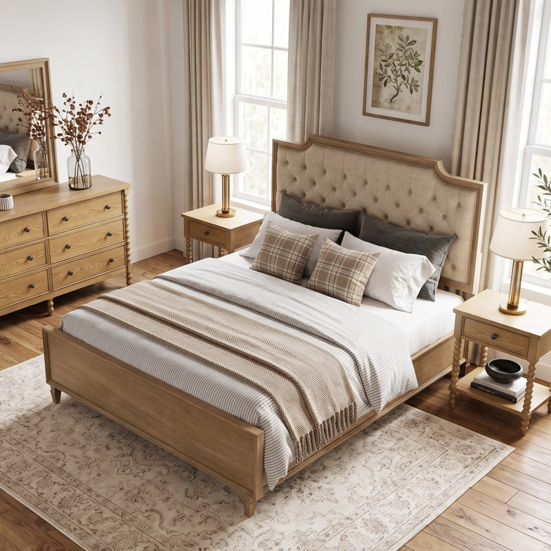 Grand lit en bois naturel Victoria avec tête de lit tapissier et tiroir de rangement intégré