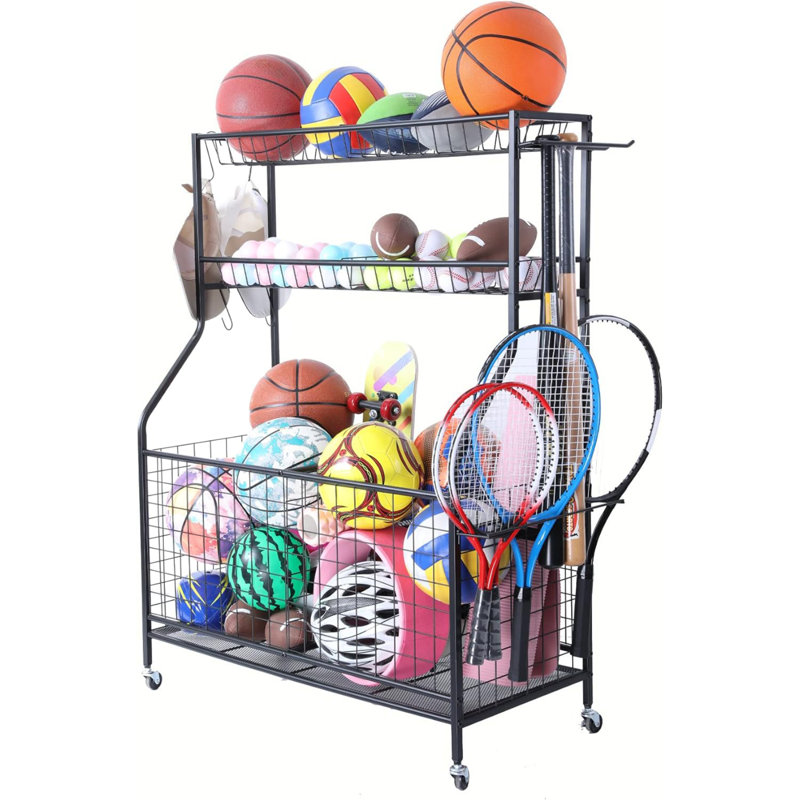 Garage Sports Equipment Organizer,Ball Storage Rack,Garage Organizer with Baskets and Hooks, Sports Gear Storage,Garage Ball Storage, Black