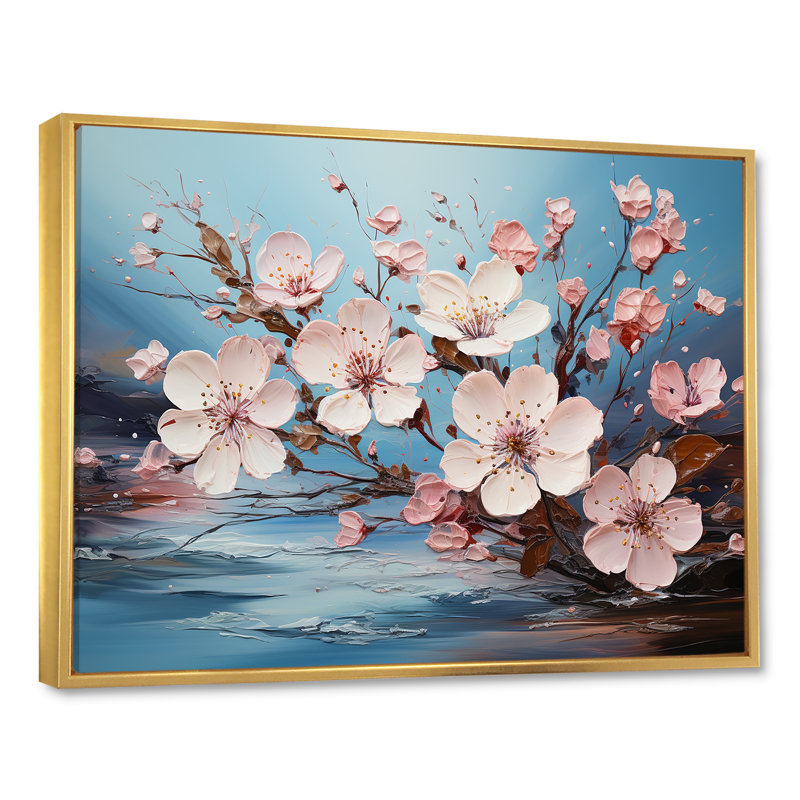 Fleur de pommier sur toile, H 30 po x l 40 po x P 1,5 po, Cadre flottant doré