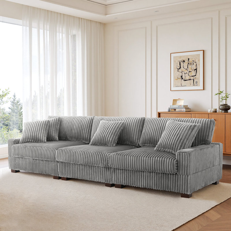 3 - Piece Upholstered Light Gray Faux Rabbit Fur Flannel Modular Sectional Sofa with Armrests & Throw Pillows, Light Gray