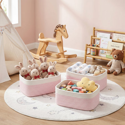 Ensemble de 3 petits paniers de rangement tissés, bacs décoratifs en corde de coton pour organiser les jouets de placard, rose, 7,48 x 11,81 x 4,72 pouces