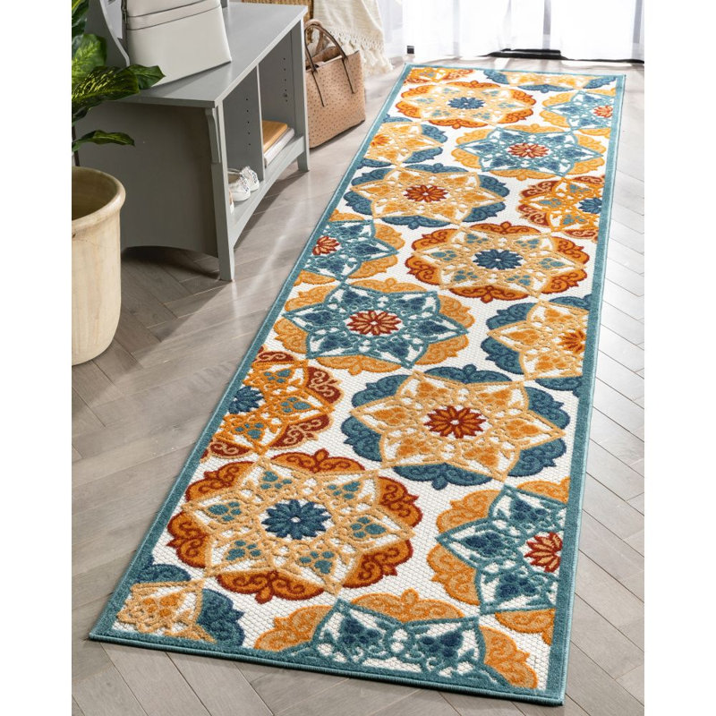 Dickenson Cabo Floral Machine Made Power Loom Polypropylene Indoor Area Rug in Gold/Orange/Blue, Runner 2'7" x 9'10"
