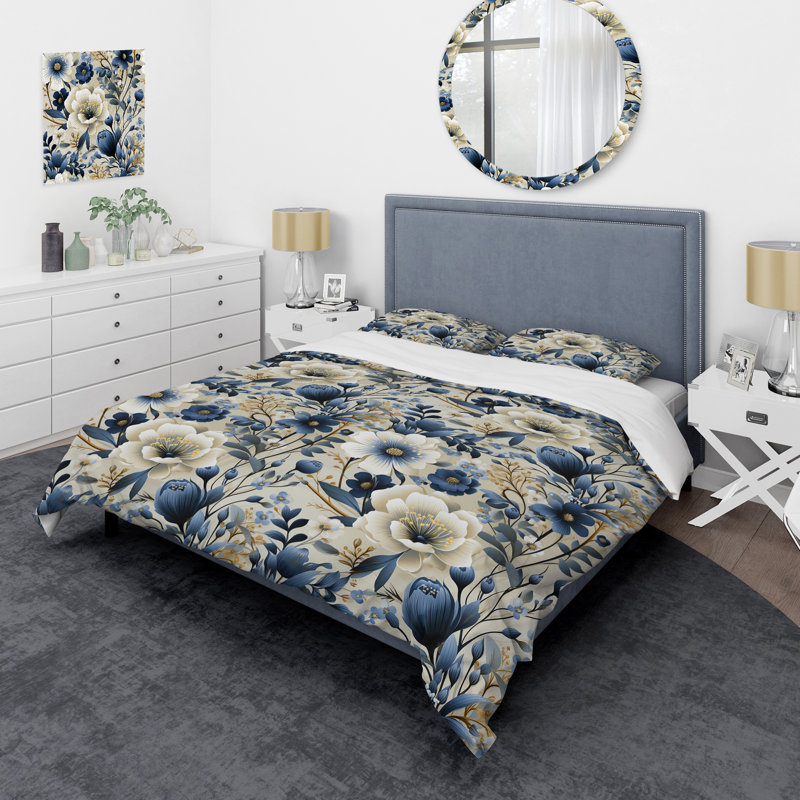 Ensemble de housse de couette Classic Blue Harmony Bouquet I - Floral, Housse de couette simple + 1 taie décorative stan