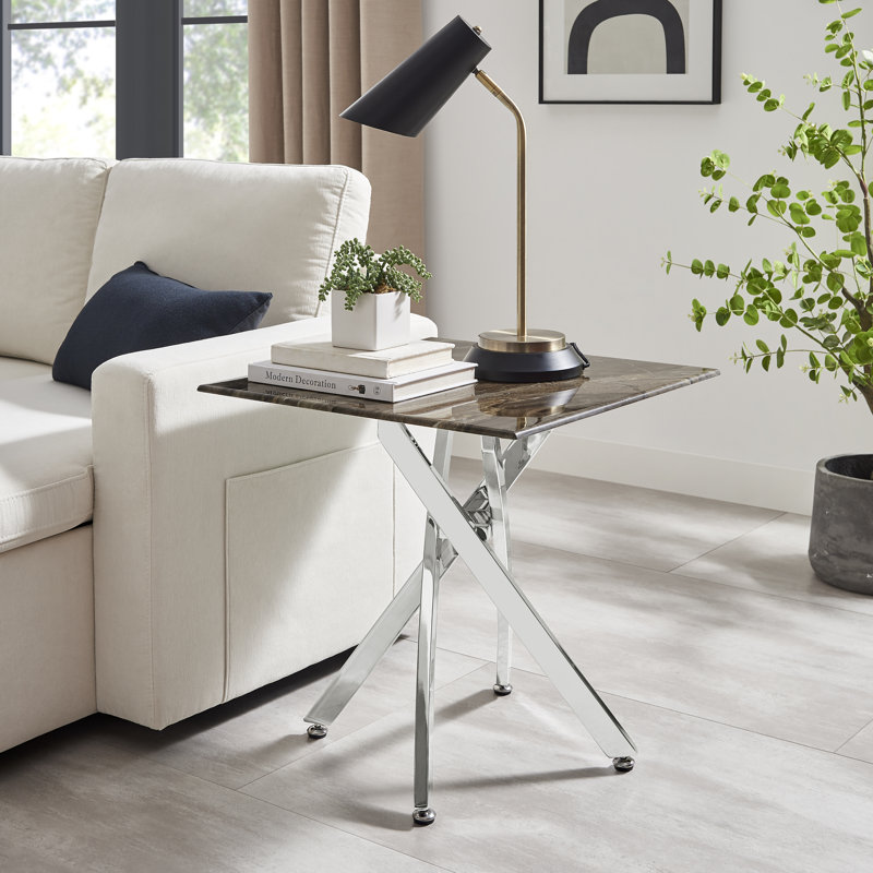 Atal Marble Effect Sofa Side Table - Glass Topped Metal Leg Small Table, Silver Chrome Metal, Gray Marble Effect