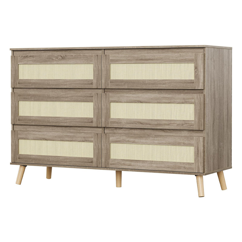 Commode 6 tiroirs en bois avec tiroirs en rotin, rangement dans le couloir de la chambre à coucher moderne