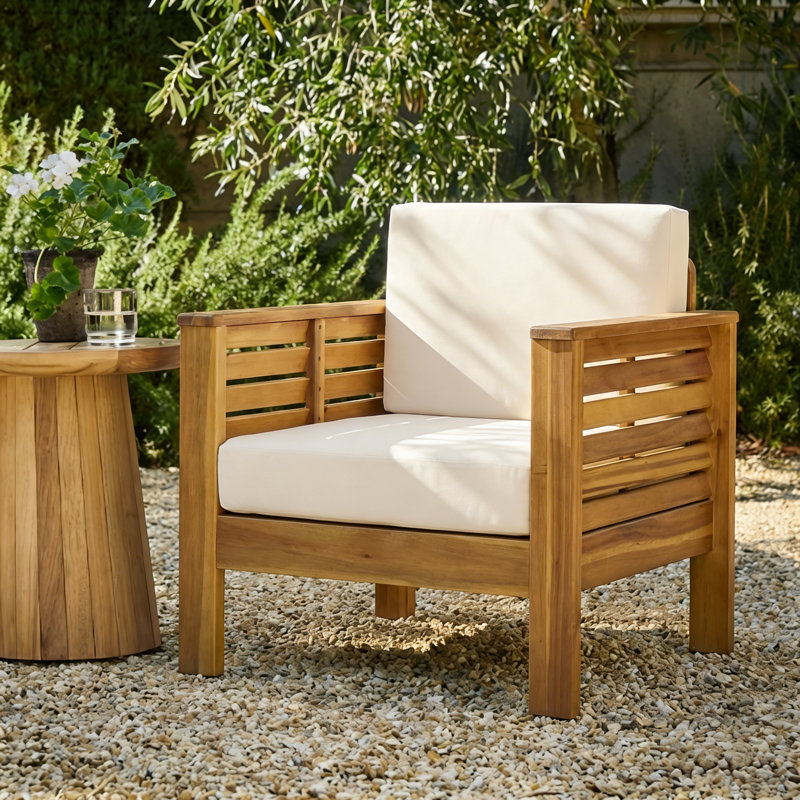 Zytaevius Modern Rustic Acacia Wood Outdoor Club Chairs with Slatted Sides and Water-Repellent Cushions, Cream/Teak