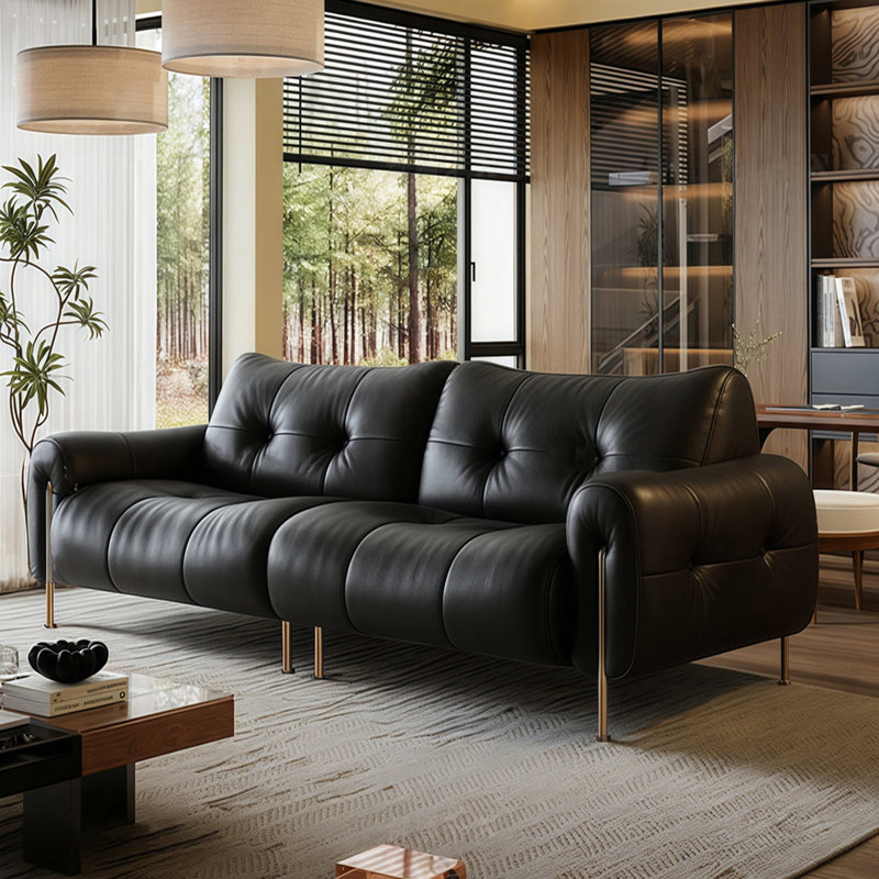 Canapé modulaire noir en cuir véritable, 94.49" W