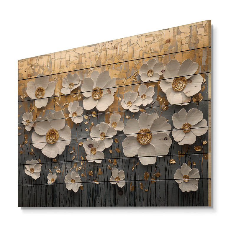 Fleurs blanches et dorées, Wildflowers V - Art mural en bois de fleurs sauvages - sur bois de pin naturel