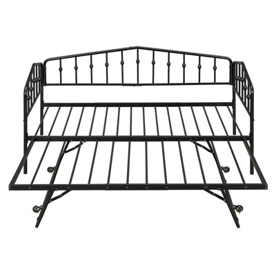 Twin Size Stylish Metal Daybed with Twin Size Adjustable Trundle, Portable Folding Trundle, White