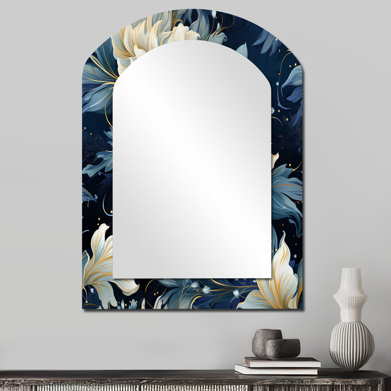 Astral bleu blanc damassé Radiance - miroir asymétrique damassé, miroir mural unique arche blanche, impression d'art en métal