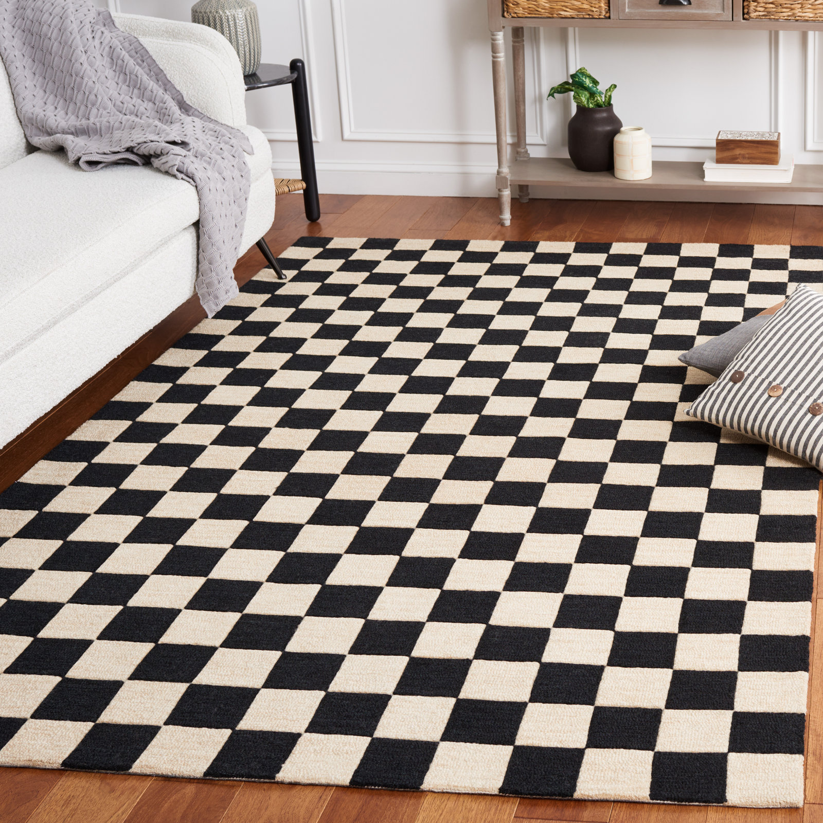 Freesia Black Beige Hand-Tufted Checkered Rug, Square 6'