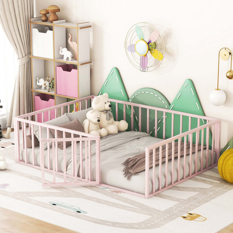 Structure de lit en métal avec clôture et porte, Complète, Rose