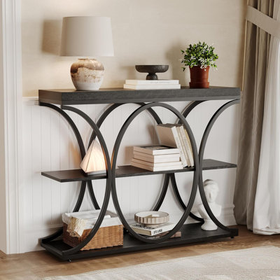 Table de hall d'entrée industrielle à 3 niveaux avec structure en métal de forme ovale, console à tablette ouverte pour le salon, couloir, table d'appoint de rangement de vestibule avec pieds réglables, plateau en bois rustique