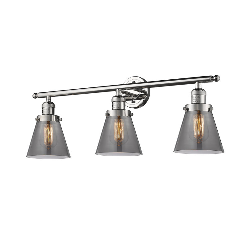 Cone 3 Light Bath Vanity Light, Clear, 11" H x 30" W, Polished Nickel