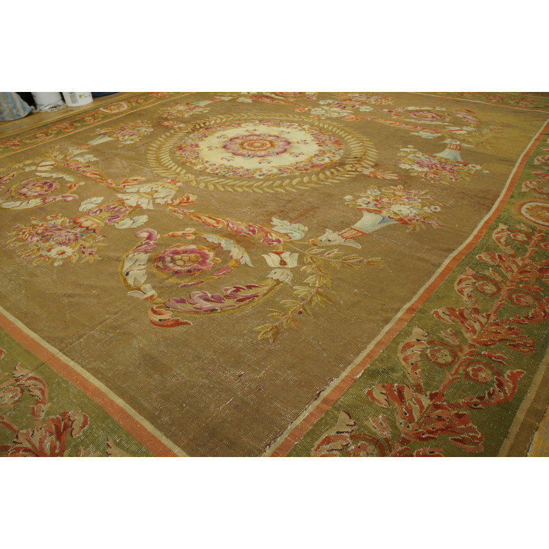 Antique Large Aubusson French Floral, Medallion Knotted Rug