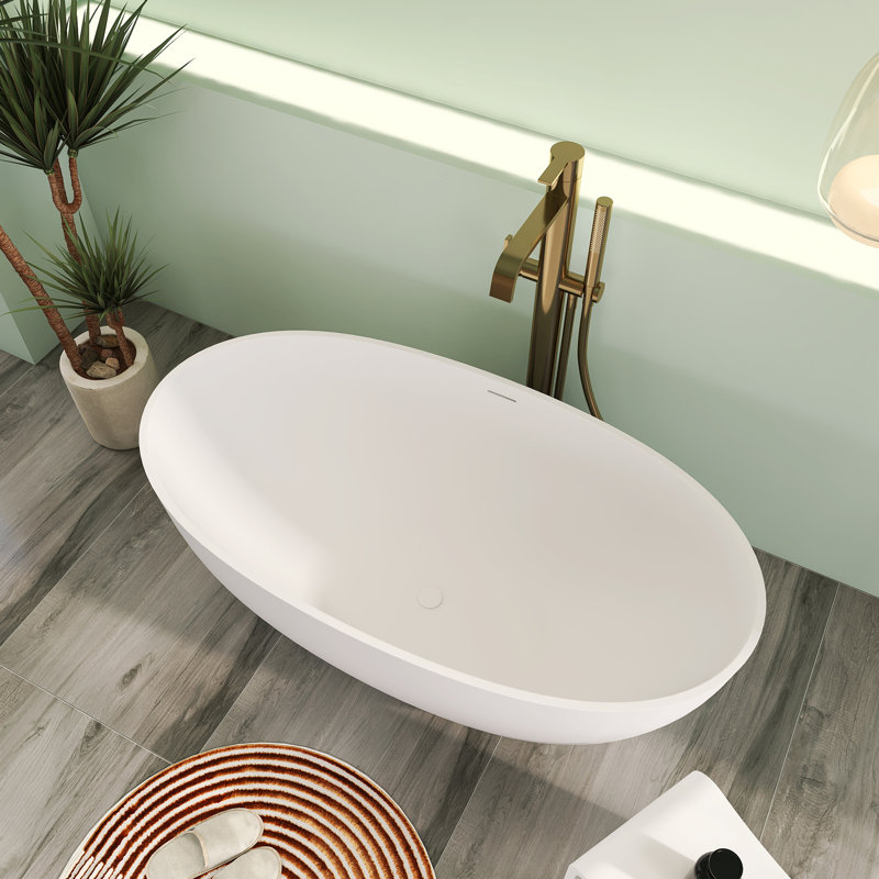 Baignoire profonde en pierre autoportante avec trop-plein 55 po., Blanc mat
