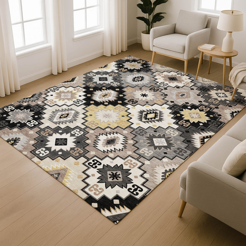 Premium Machine Washable Mayfield  Ethnic Rug, 9' x 12', Black